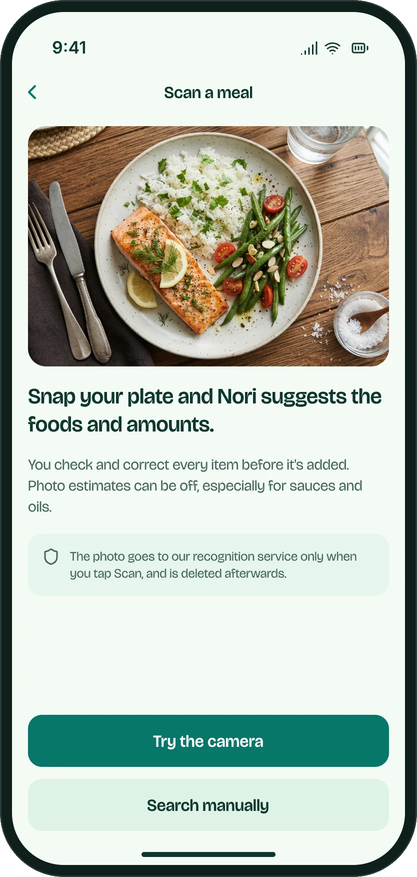The Nori Scan a meal screen with a plate of salmon, rice and green beans