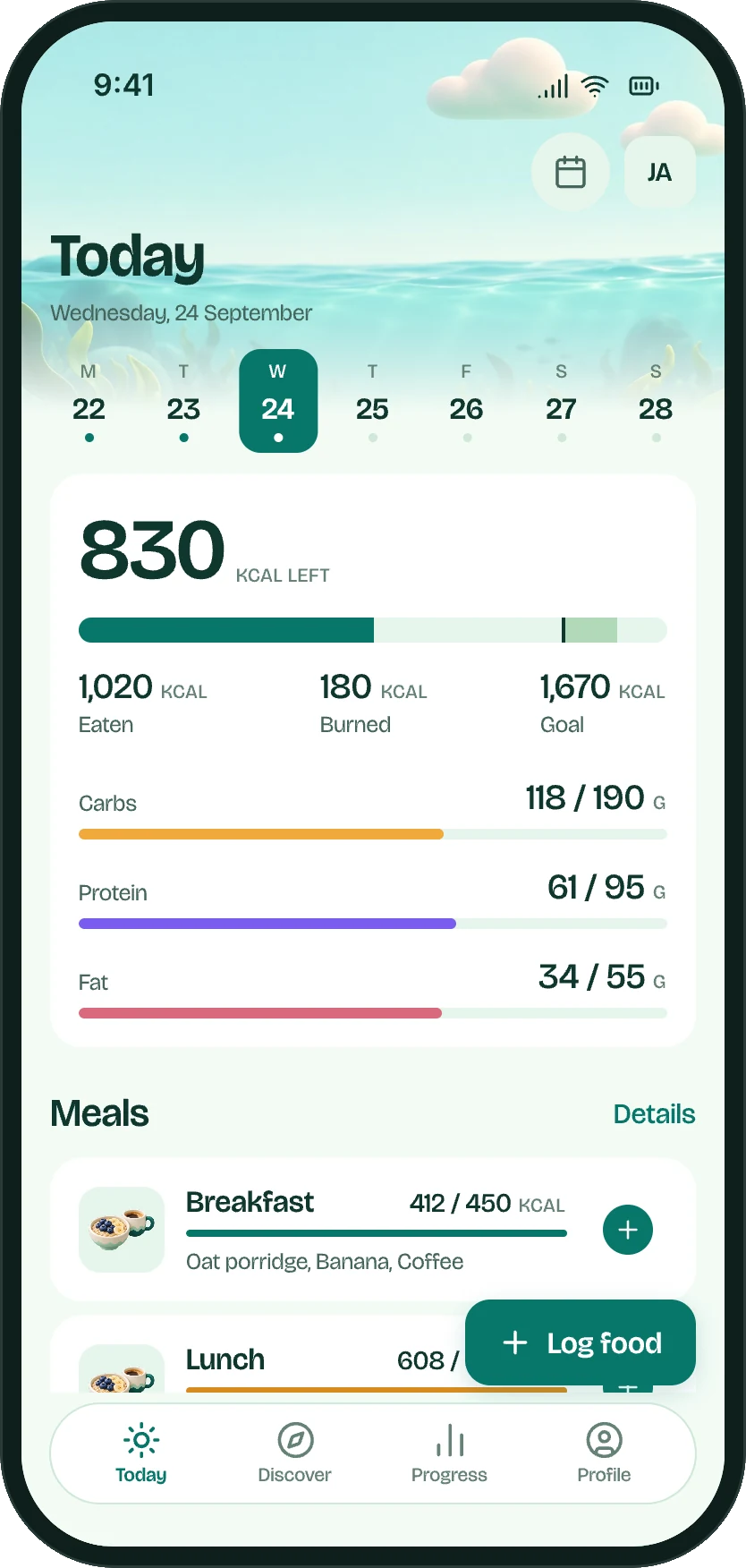 The Nori Today screen: 830 kcal left, macros and meals